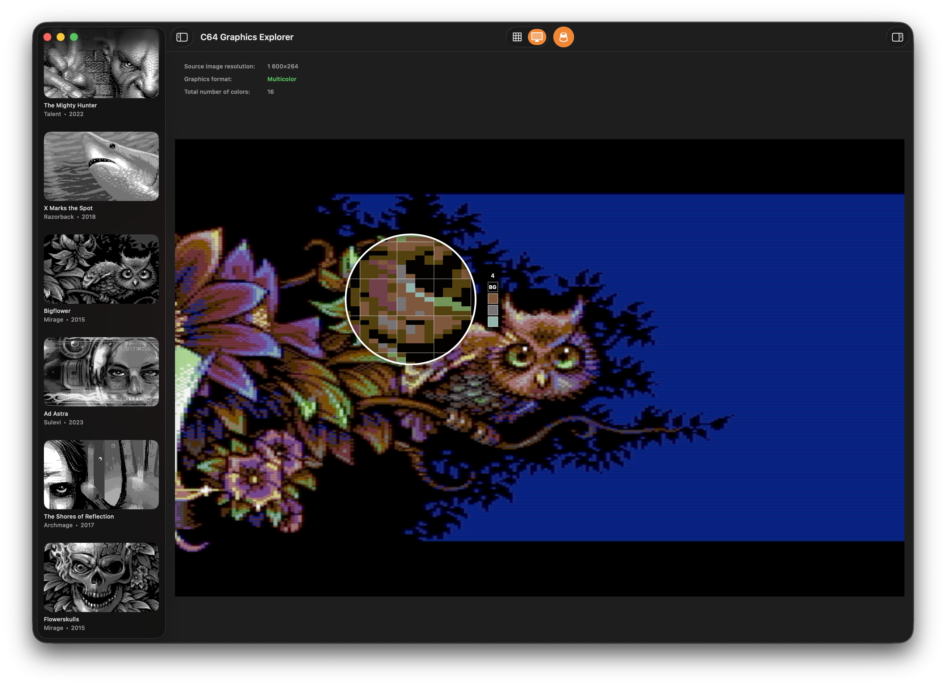 C64 Graphics Explorer screenshot showing CRT simulation and palette mapping